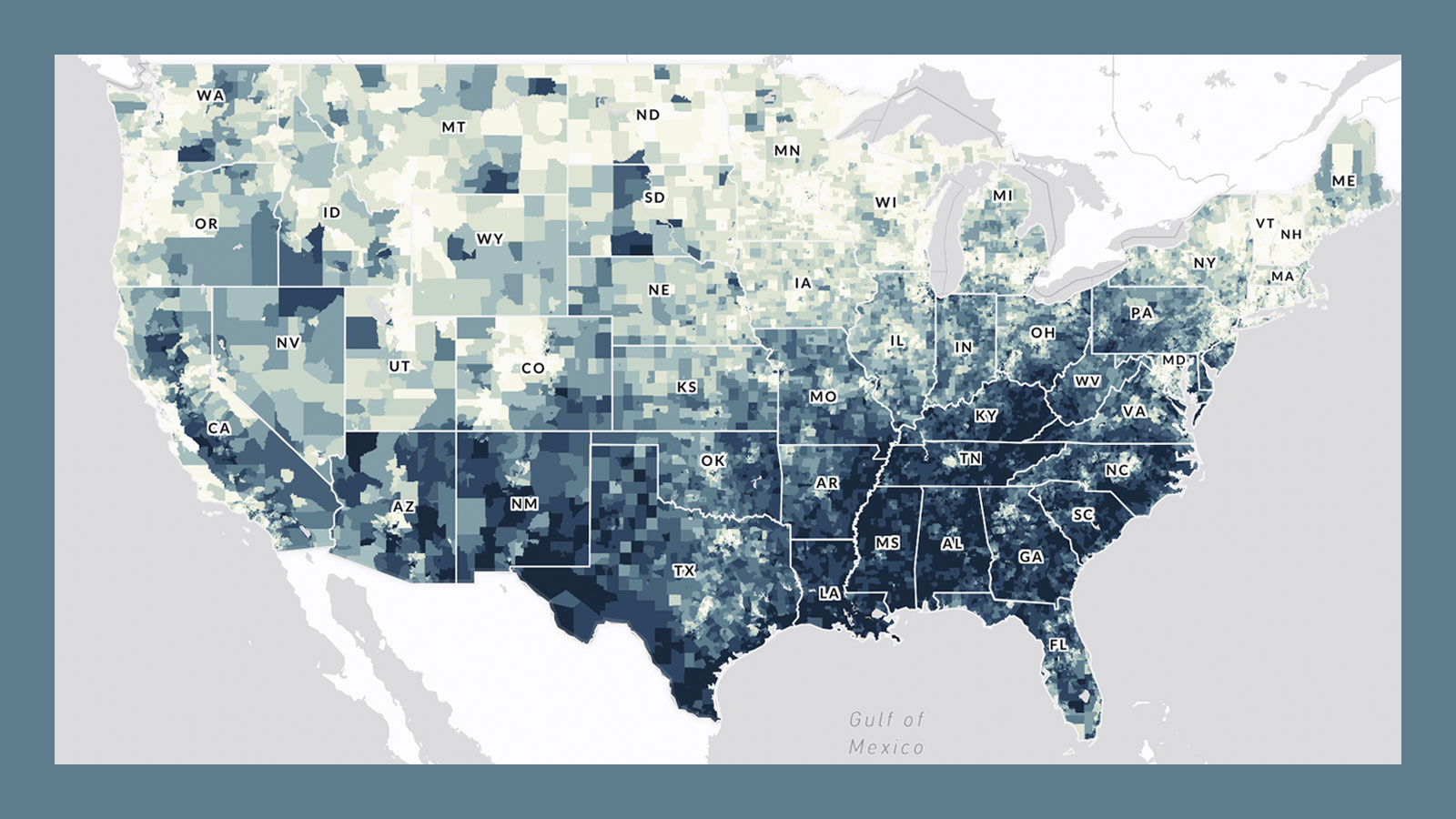 A map of the United States’ vulnerability to dangers such as fire, flooding, and pollution