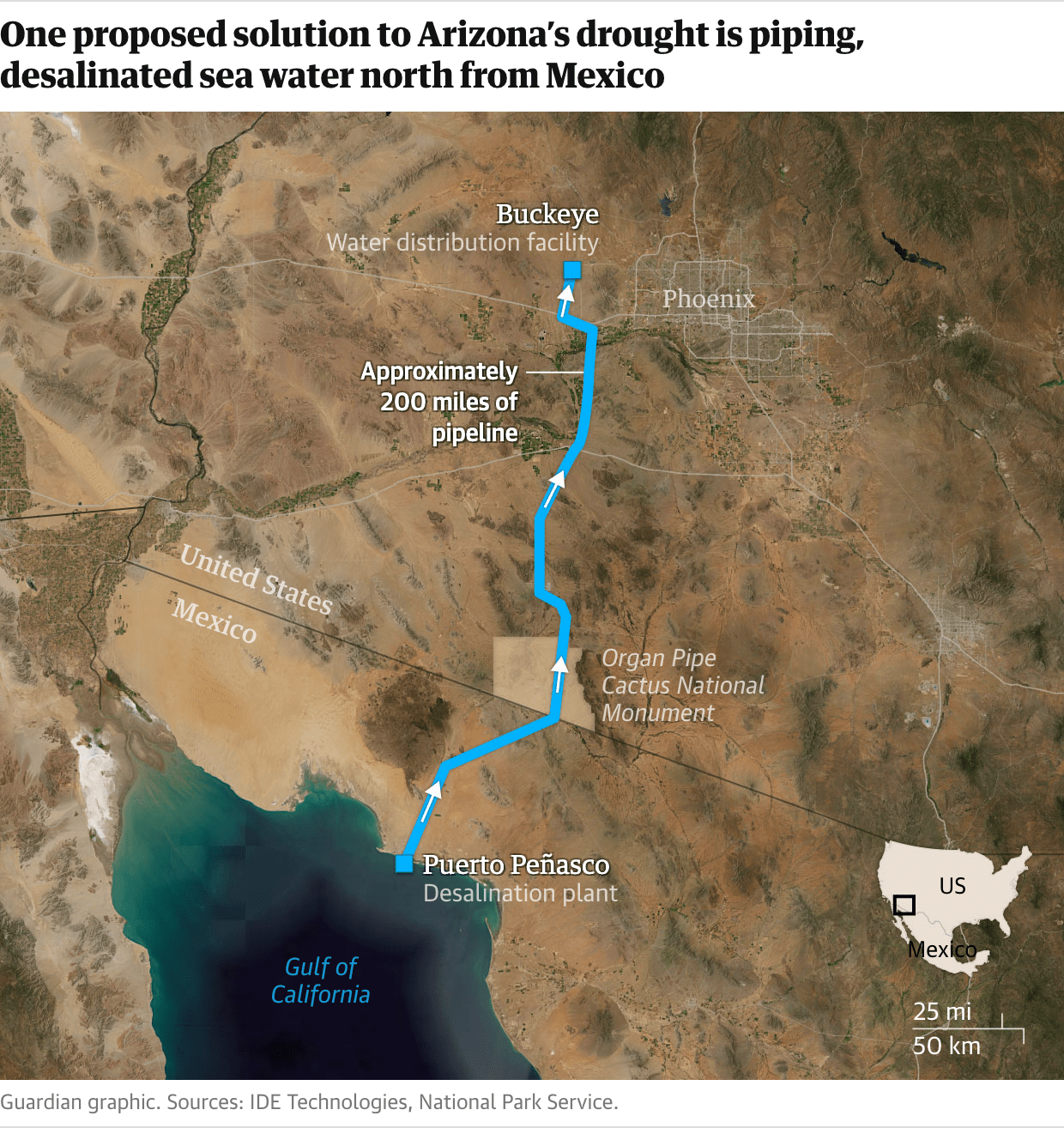 A map showing a proposed water pipeline from Mexico to Arizona