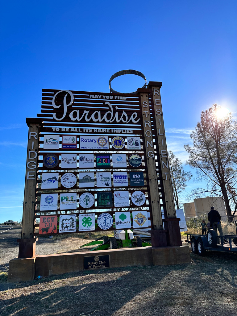 The welcome sign in Paradise, CA