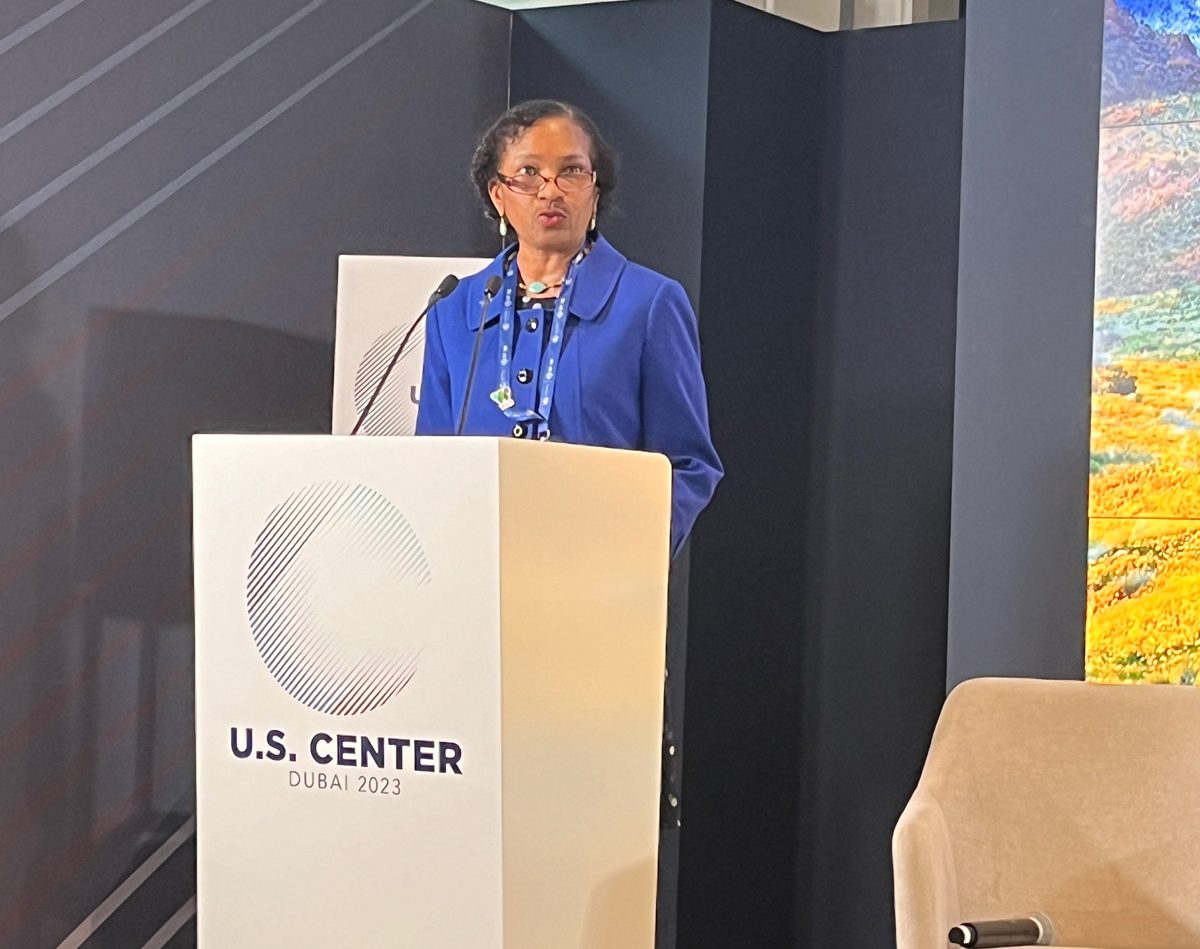 Woman speaks at a podium on stage