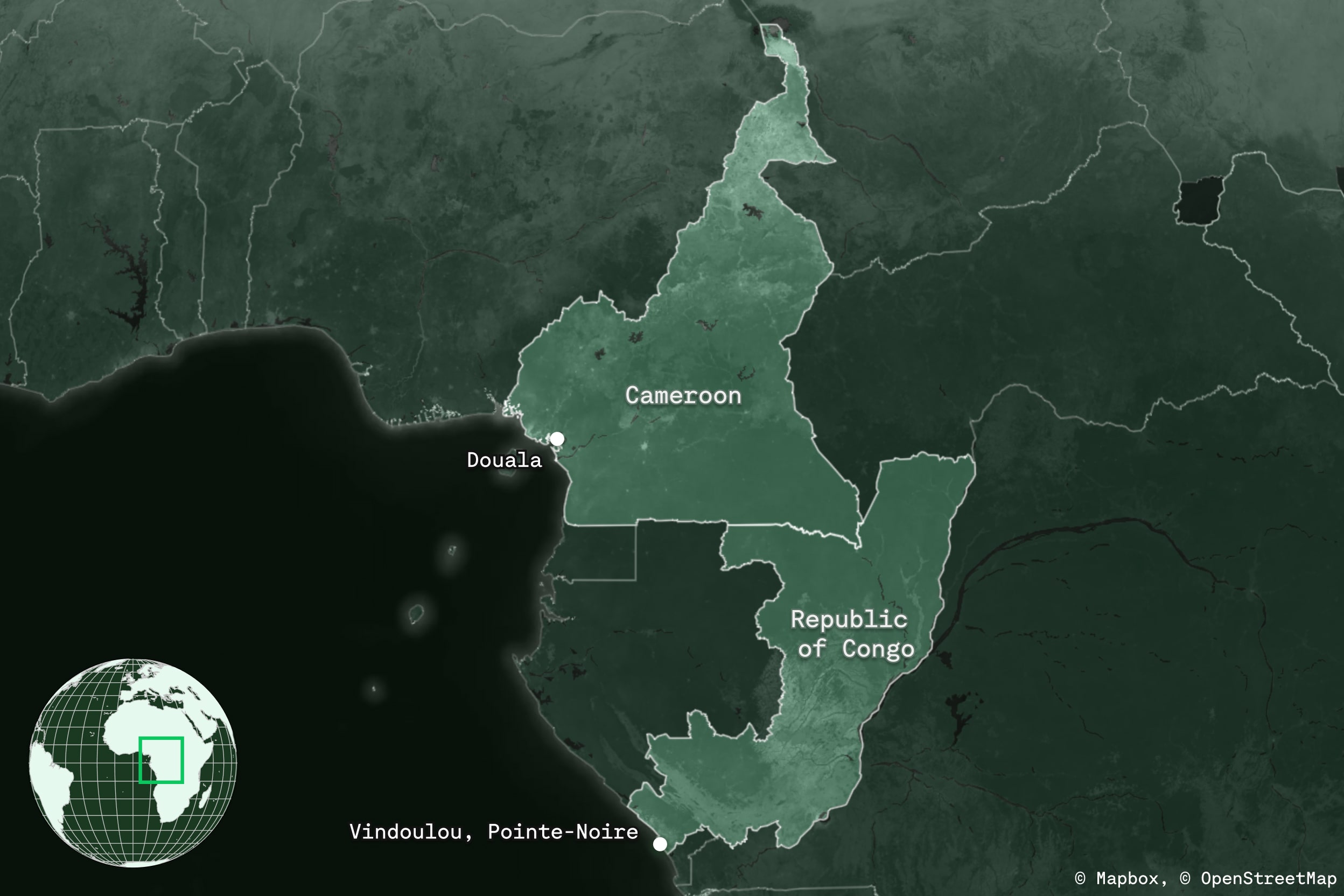 A map of Cameroon and the Republic of Congo in a green color