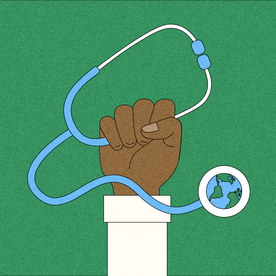 Illustration of raised fist holding stethoscope