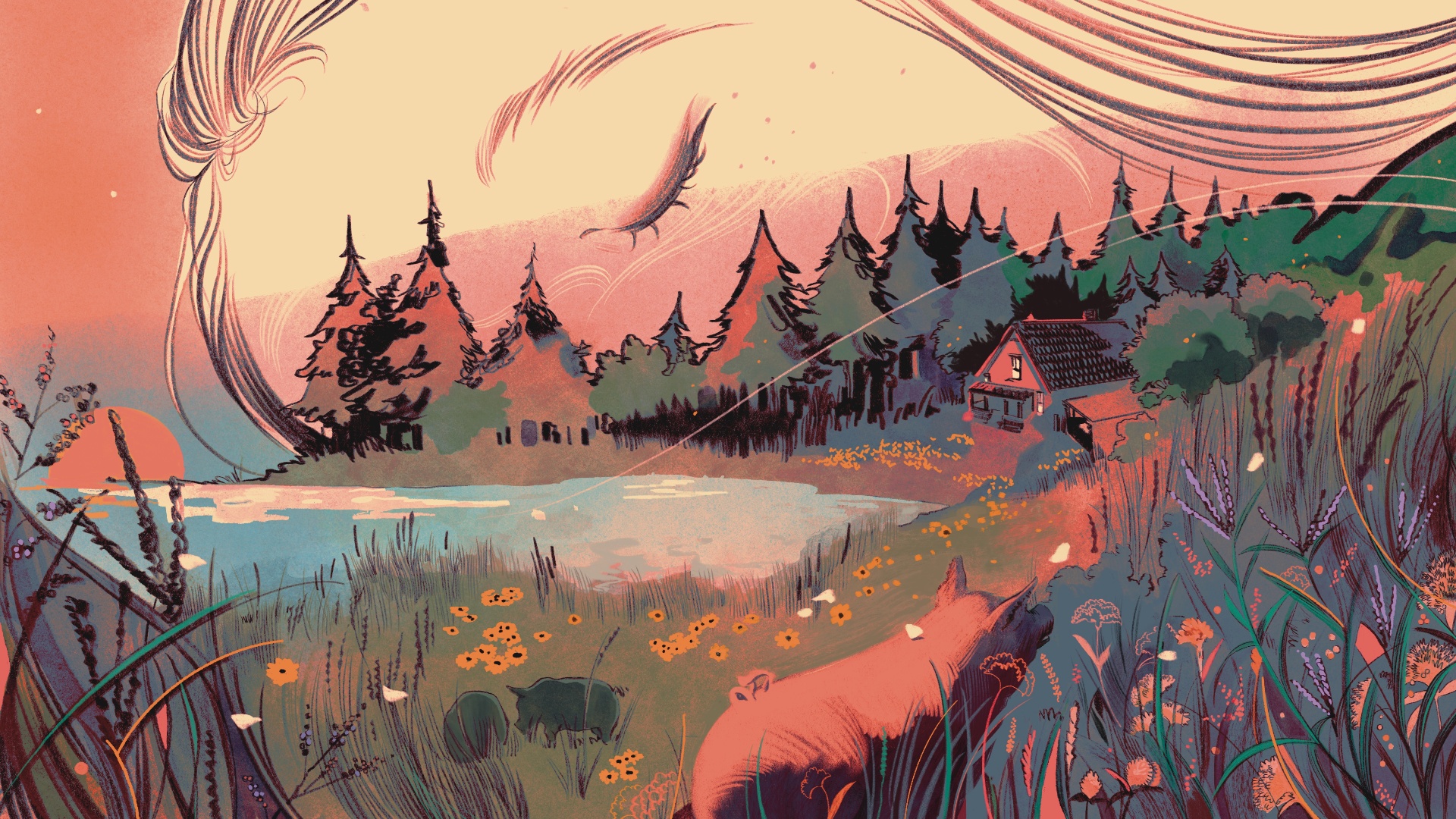 An illustration depicts a small house sitting on the edge of a pond in an overgrown forest at sunset. The abstract shape of a young girl's face is visible in the sky.