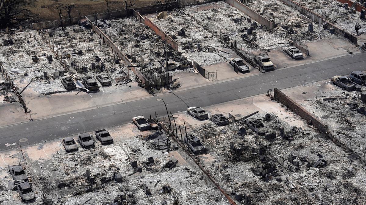 The aerial view of Maui that's in color but is almost entirely black and white because of the fire damage.