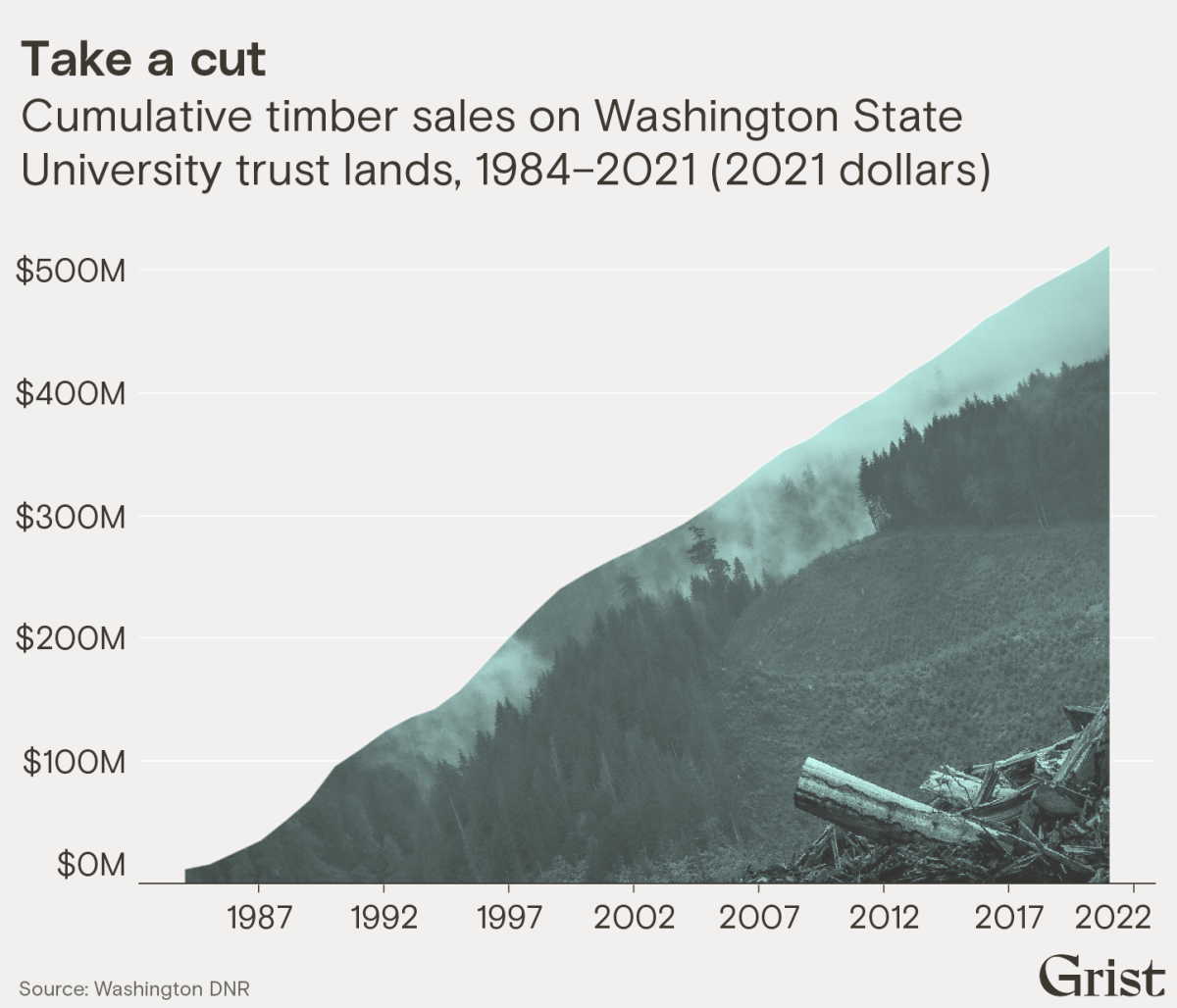 A line graph with a photo of timber in the area under the curve. shwoing how cumulative timer sales on washingon state university trust lands went up between 1984 to 2021 (in 2021 dollars)
