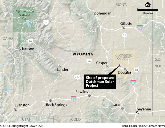 A map of Wyoming showing the location of the proposed solar farm on the east side of the state.