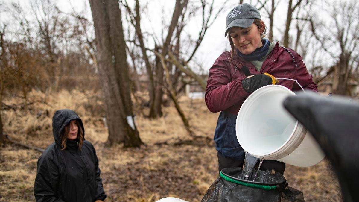 A woman in a baseball cap pours liquid from a bucket into a large container as another woman watches from her side.