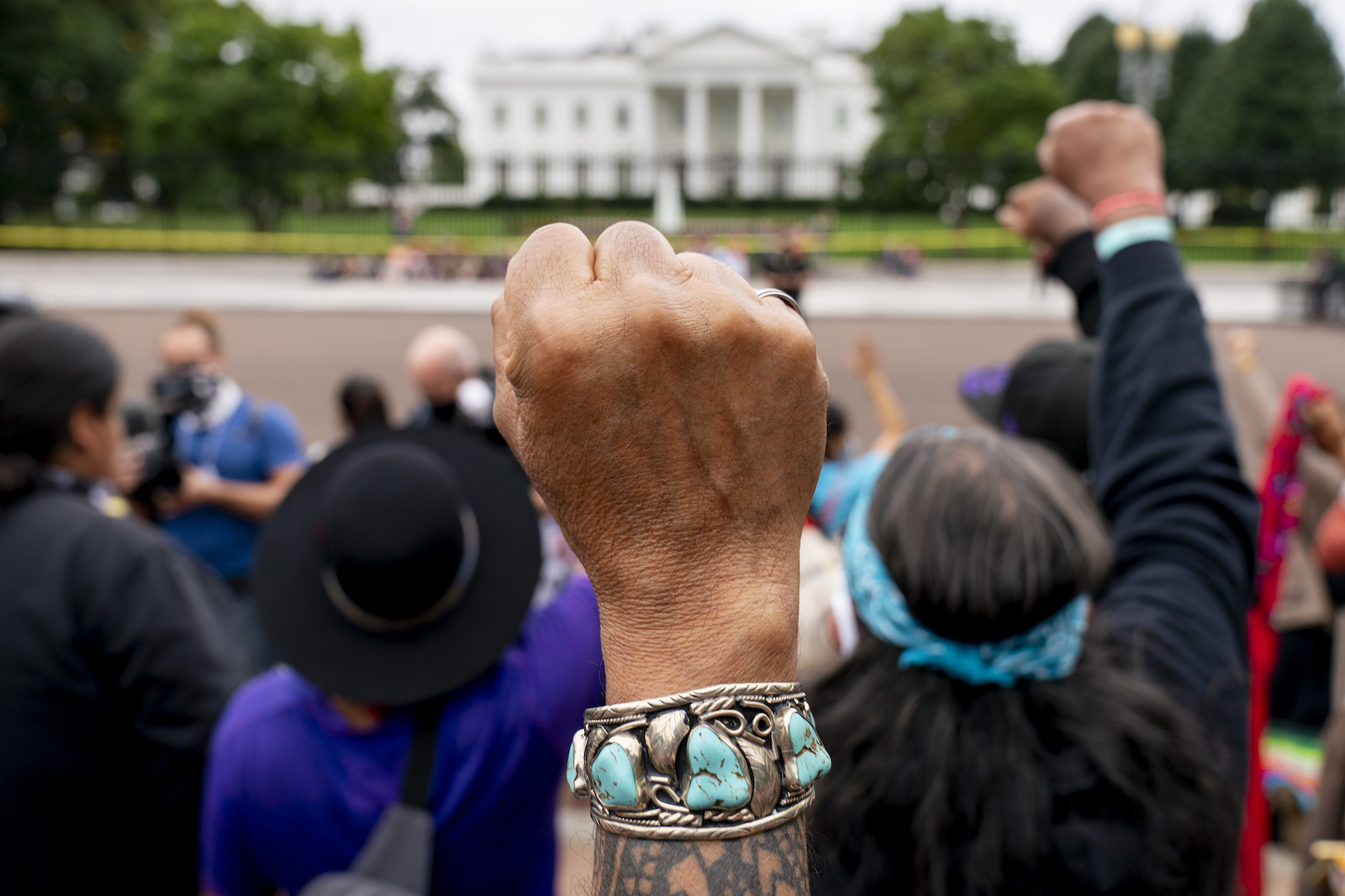 A raised fist of a person wearing a blue and silver bracelet in front of a crowd in front of the white house