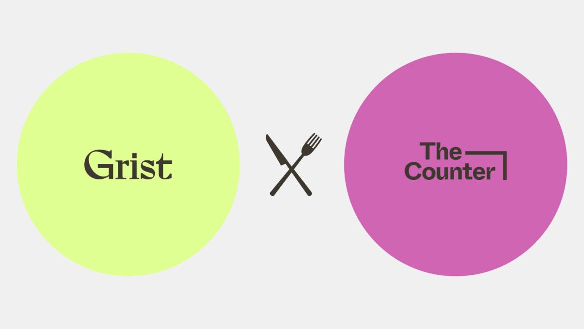 A green circle that reads Grist sits to the left of a magenta circle that reads The Counter with a knife and fork in between, like plates.