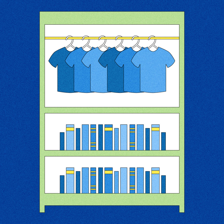 Illustration of clothing rack inside library bookshelf