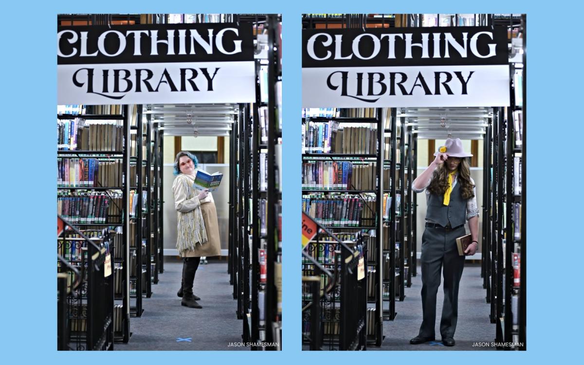 Two side-by-side photos show models walking down the aisle of a library dressed in fun outfits and each carrying a book