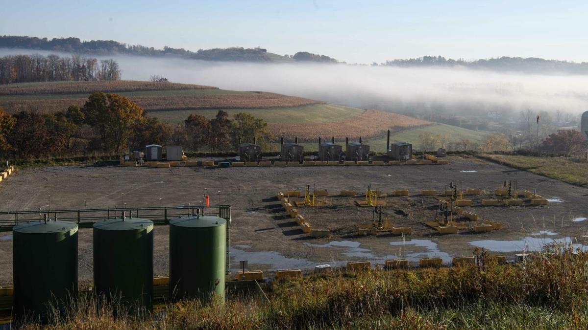 A misty field with an industrial installation on the edge.