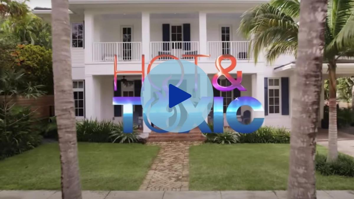 An image of a nice house with palm trees in front, with the title Hot & Toxic and a play button displayed over it