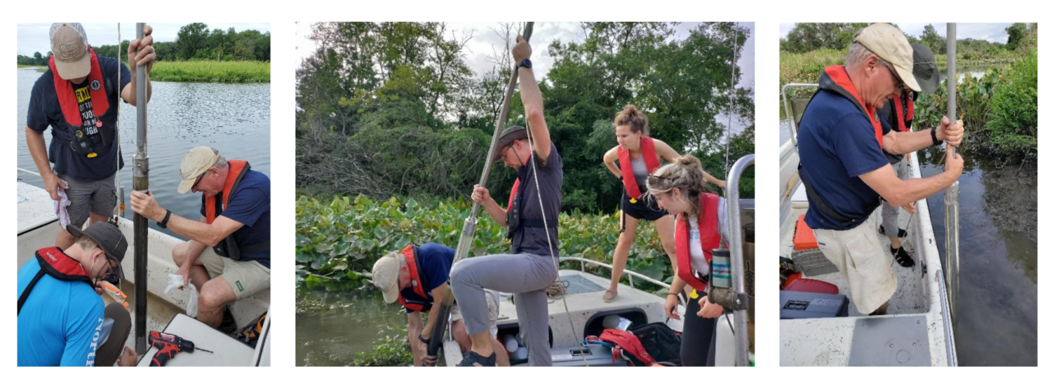 A series of three photos show people on a boat digging up sediment from a river.