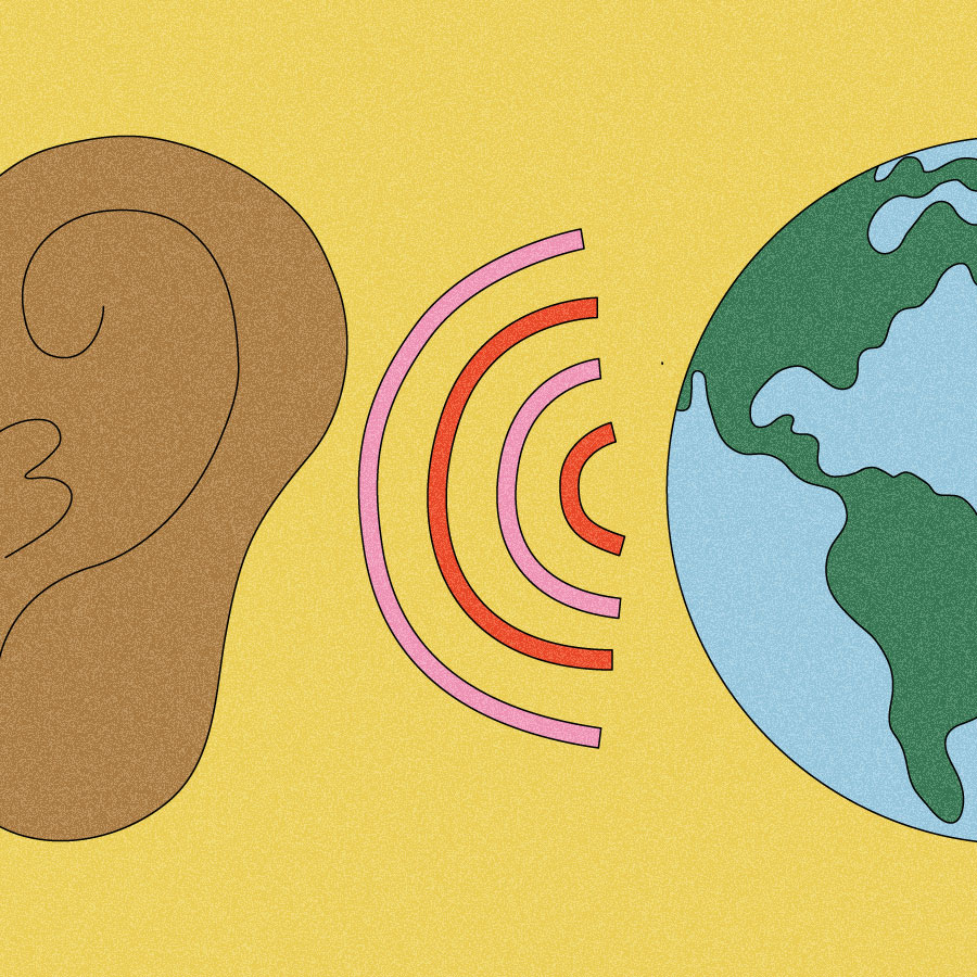 Illustration of ear tuning into sound coming from earth