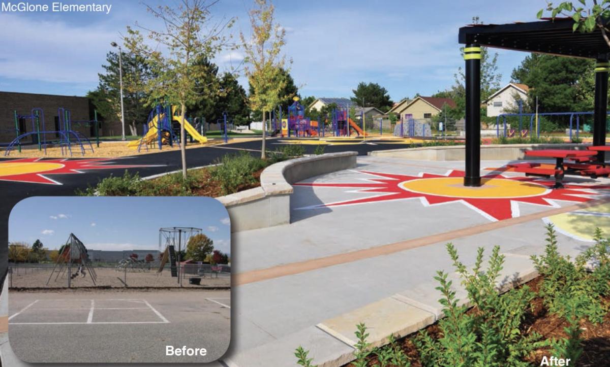 A photo of a schoolyard with trees and bushes, and a bright red and yellow sun pattern painted on pavement. In the bottom right corner is a "before" image of the schoolyard when it was all gray pavement