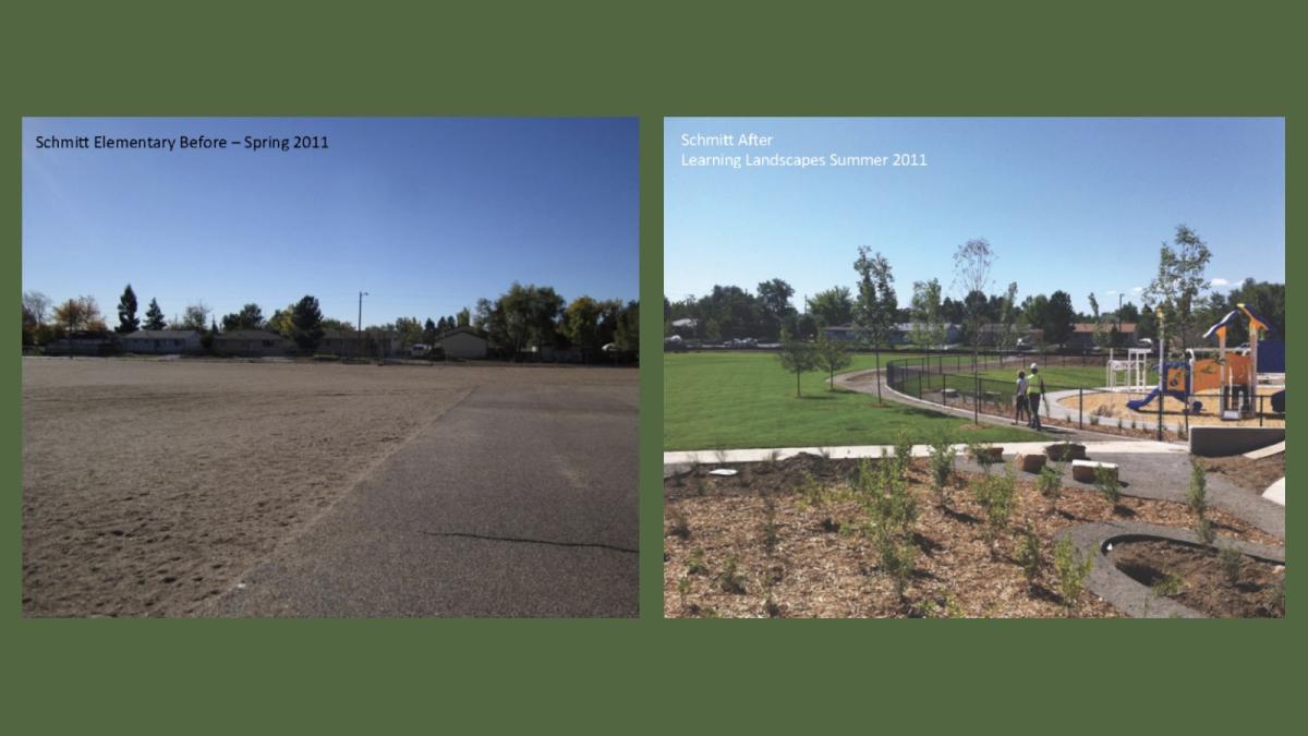 One image shows a brown, empty field and another shows the same field, now green, with trees and a play structure