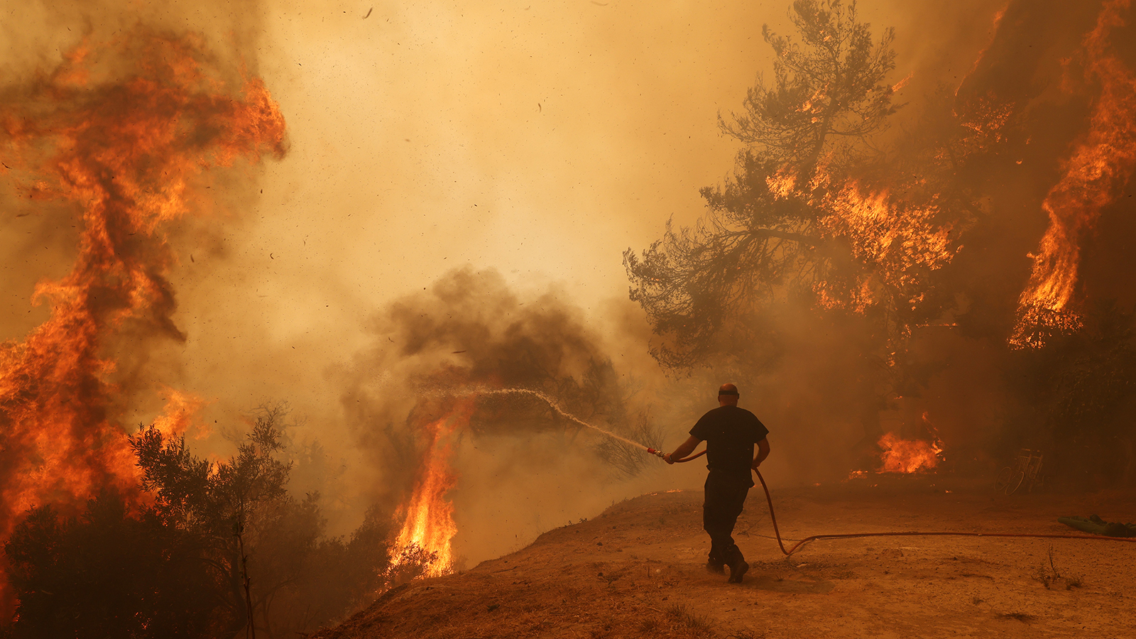 a man holding a hose approaches the edge of an embankment with trees on fire