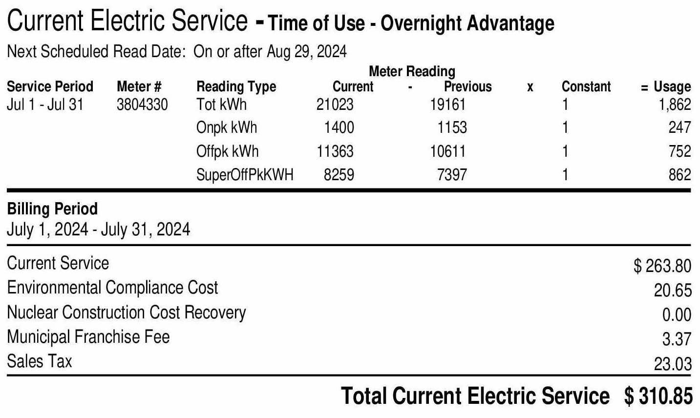 A zoom in of a power bill showing current service charge breakdown