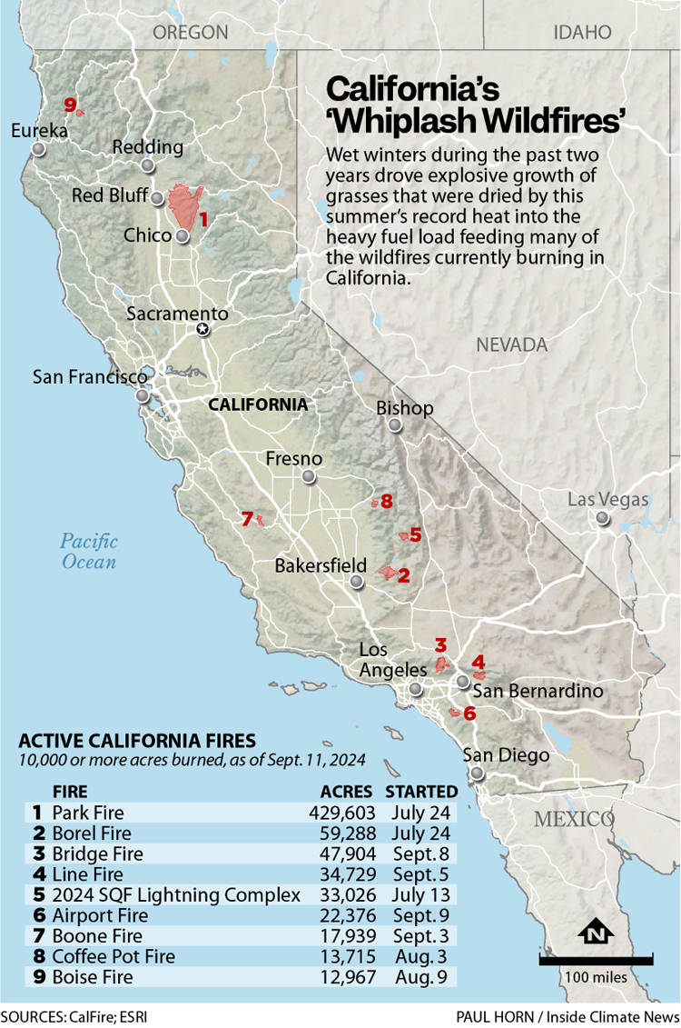 Map of California showing active fires in the state as of September 2024