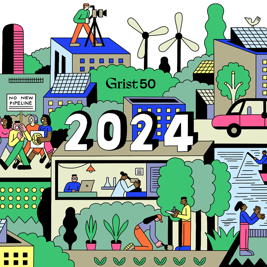 Illustration of people engaging in a wide range of climate work — protesting, researching, farming, advocating.