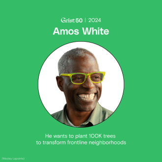 A photo of Amos White over a green background