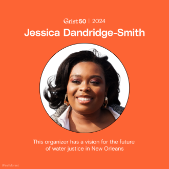 A photo of Jessica Dandridge-Smith over an orange background