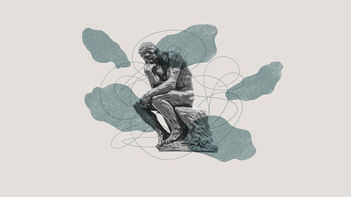 A stylized, illustrated version of The Thinker statue over a gray background with splotches of gray