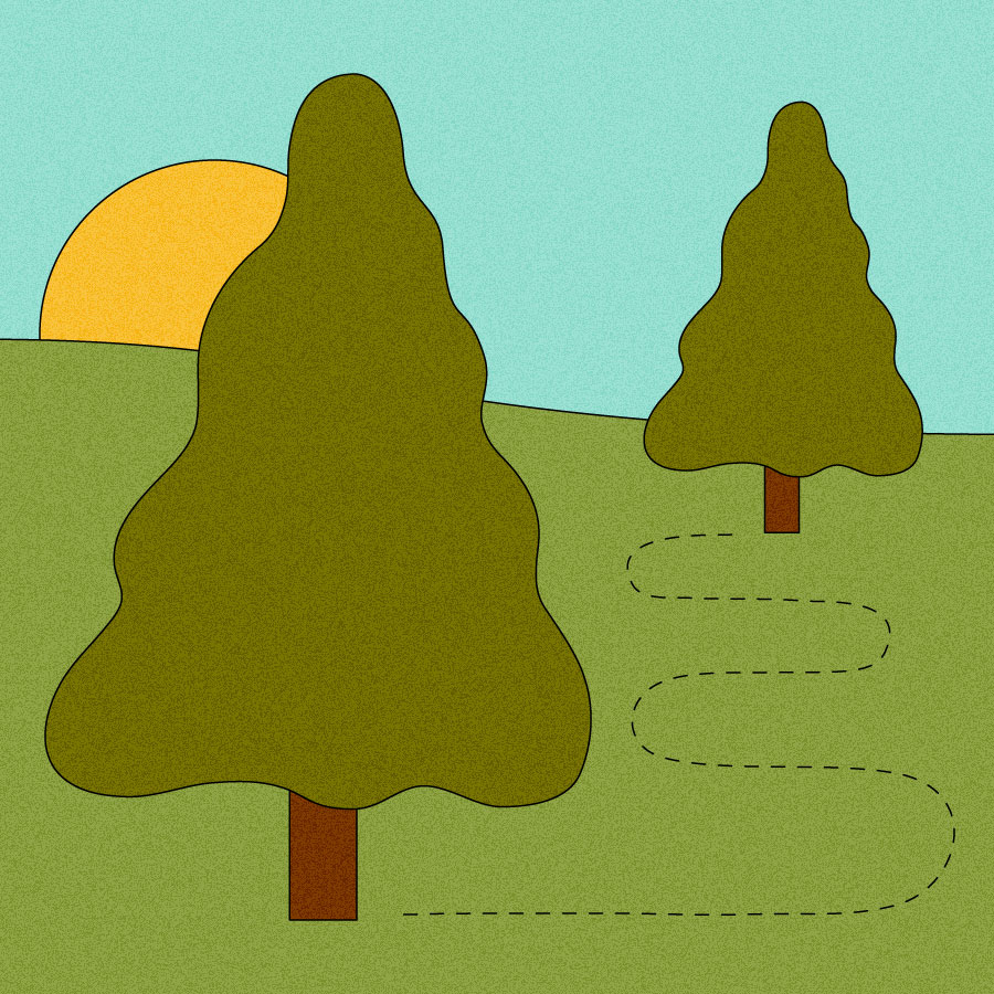 Illustration of two trees with dashed migration path between them