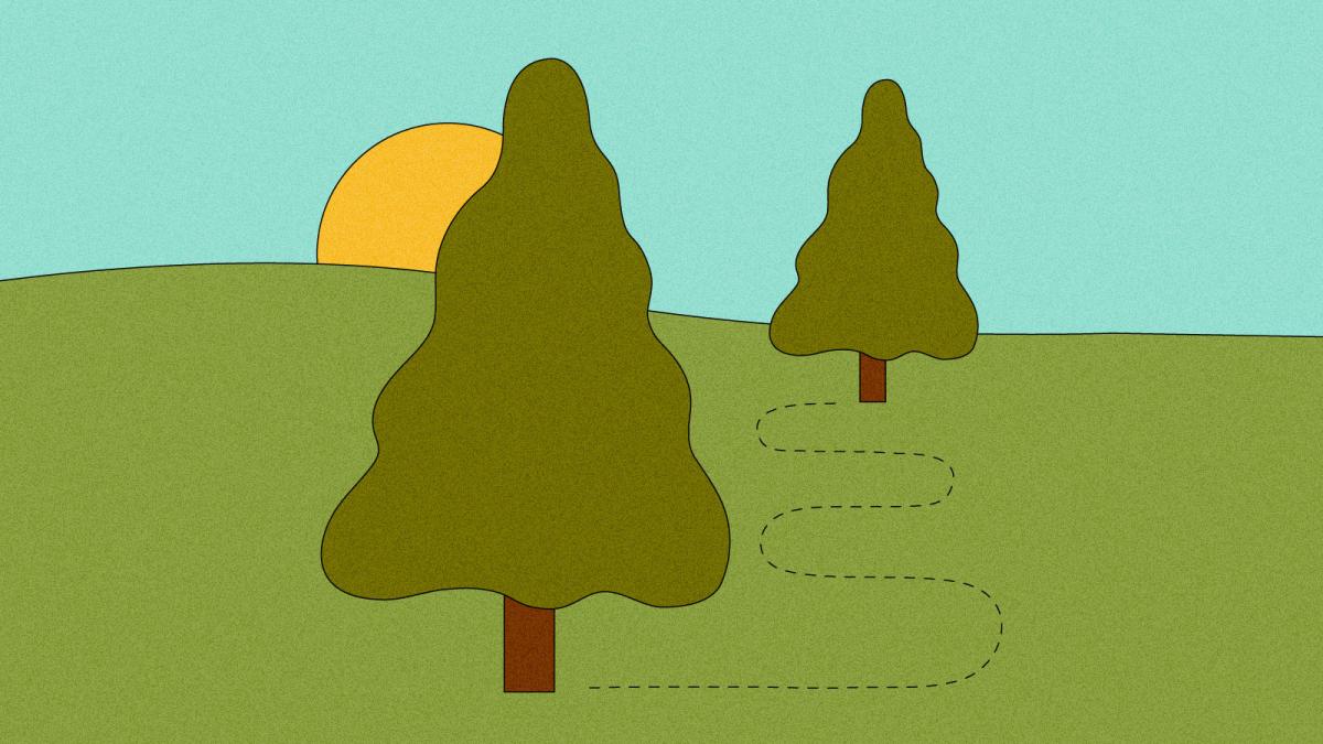 Illustration of two trees with dashed migration path between them