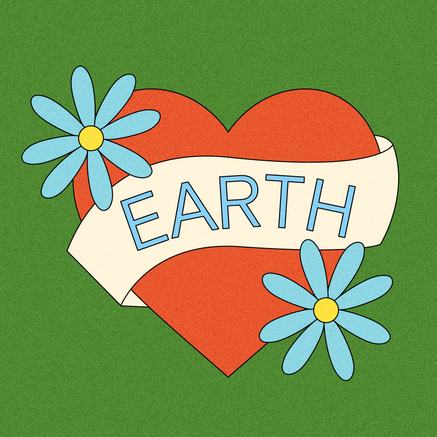 Illustration of classic heart tattoo with "earth" spelled out on ribbon