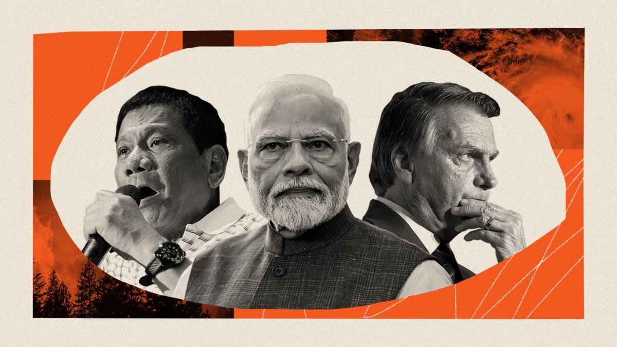 Collage of former Philippine President Rodrigo Duterte, Indian Prime Minister Narendra Modi, and former Brazilian President Jair Bolsonaro