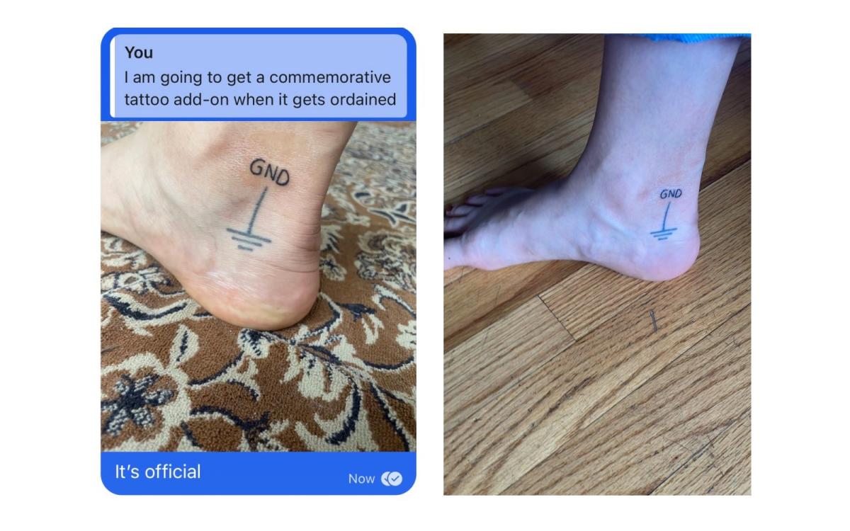 Two side-by-side photos of a ground symbol and the letters GND tattooed on an ankle, one is in a group text message